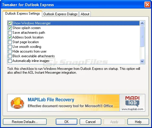 Tweaker for Outlook Express Zrzut ekranu 1