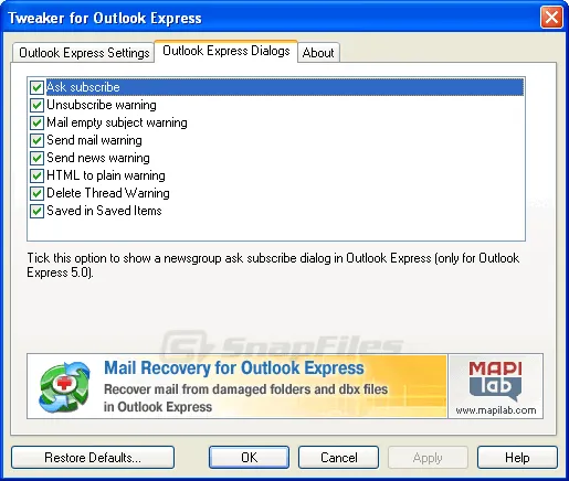 Tweaker for Outlook Express Zrzut ekranu 2