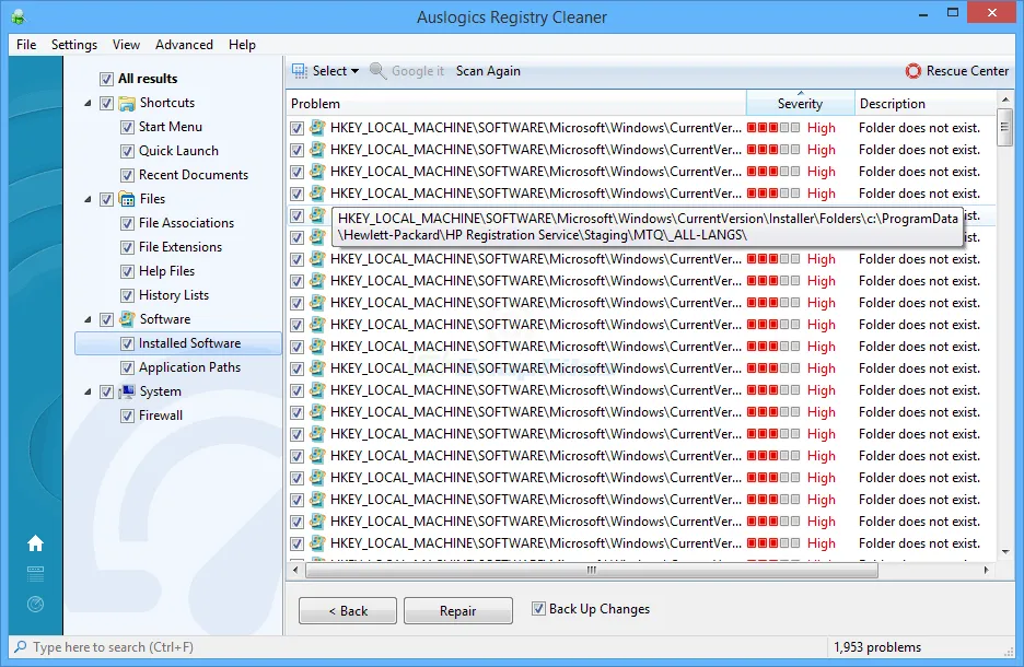 Auslogics Registry Cleaner Zrzut ekranu 2