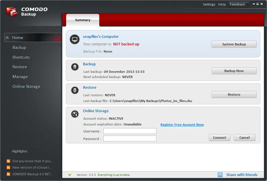 Comodo Backup Zrzut ekranu 1