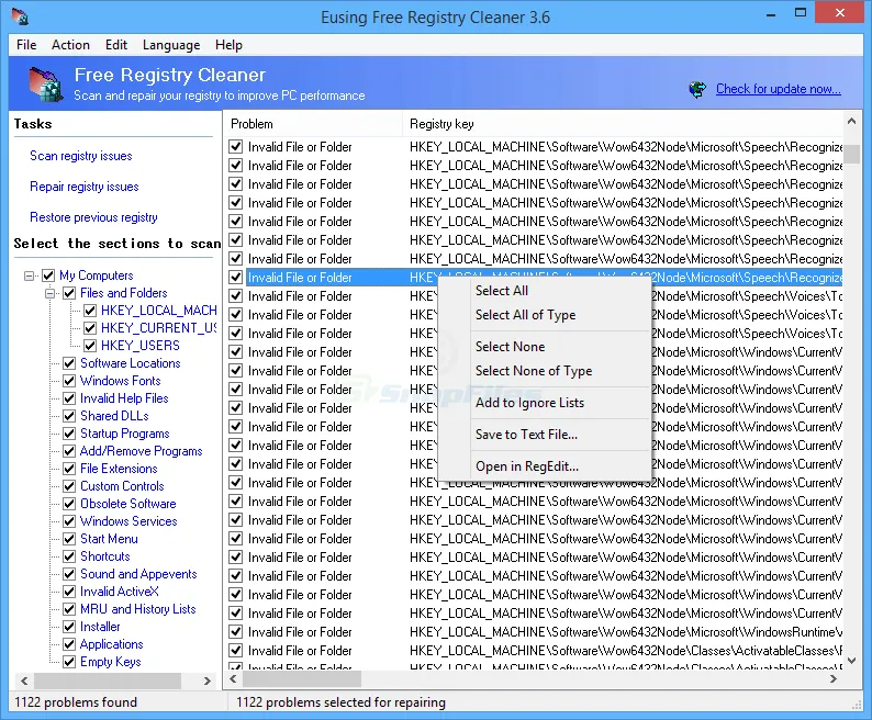 Eusing Free Registry Cleaner Zrzut ekranu 1