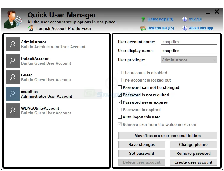 Quick User Manager Zrzut ekranu 1