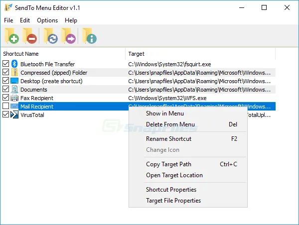 SendTo Menu Editor Zrzut ekranu 1