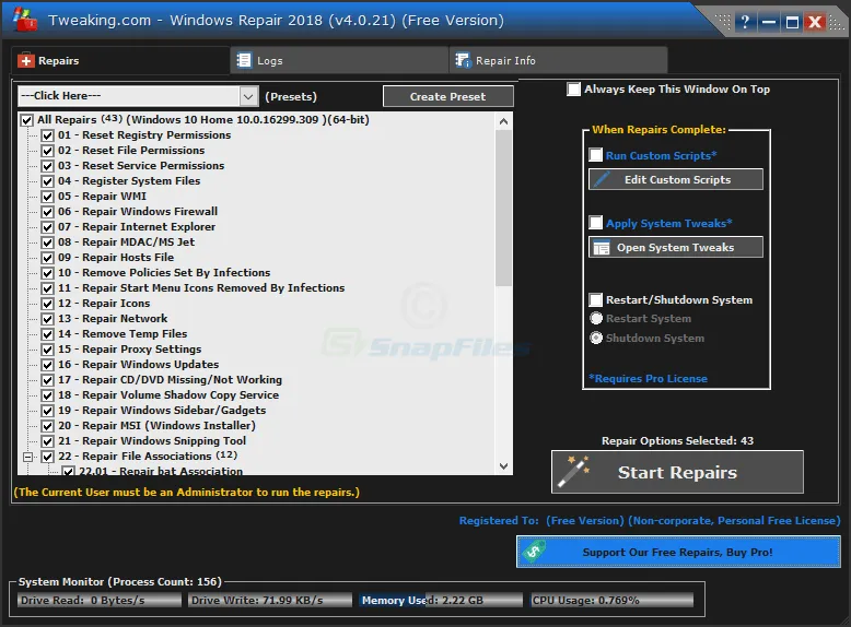 Tweaking.com Windows Repair Zrzut ekranu 1